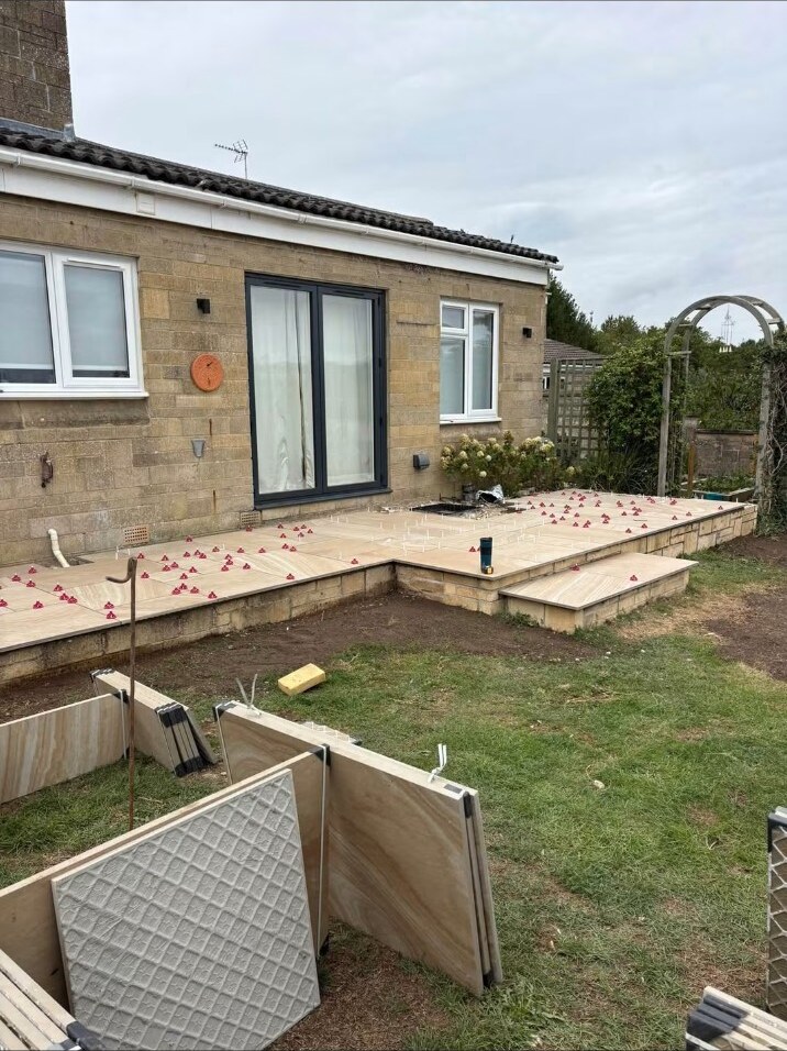 Porcelain patio installation in progress