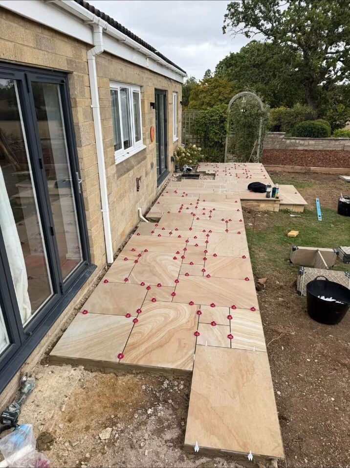 Porcelain paving laid along the house
